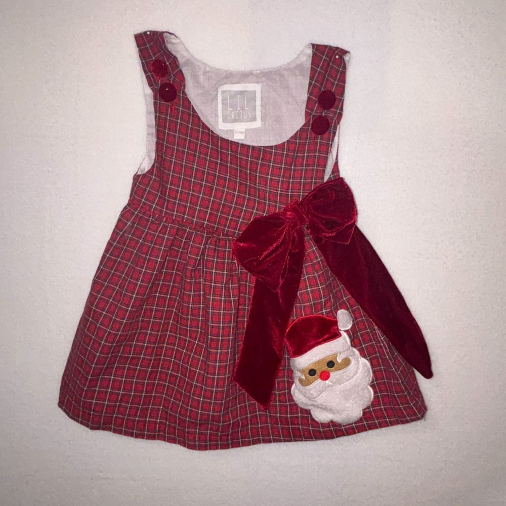 Lil Cactus Plaid Christmas Dress Santa‎ applique velvet bow size 12-24 months